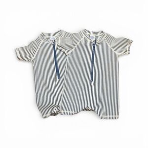 Rugged Butts Zip Front Seersucker Blue & White Striped Kids Swim Romper. 6-12mo.